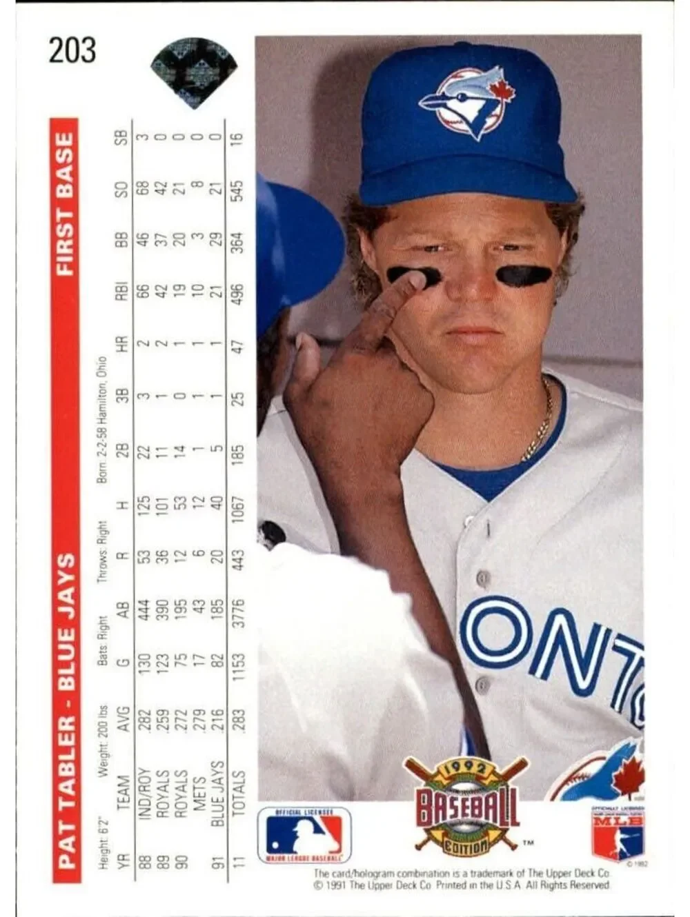 Pat Tabler 1992 Upper Deck MLB #203 Baseball Card Toronto Blue Jays